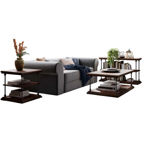 Larson 3 Piece Coffee Table Set in Distressed Dark Wood & Iron